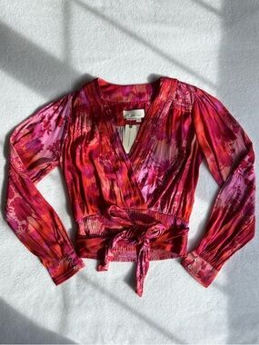 NWT Anthropologie Red/Pink Floral Wrap Tie Satin Blouse Top size XS